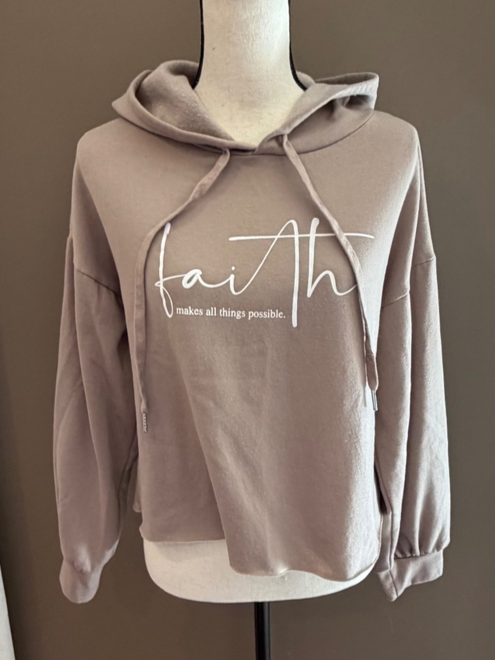 Altar'd State Beige Tan Hooded Crop Top "Faith Makes All Things Possible" Size M